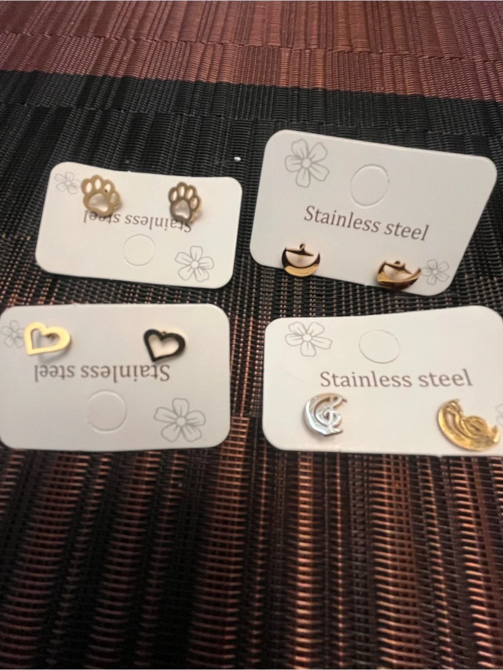 Gold-tone Stainless Steel Charm Stud Earring 4 Set - Hearts, Paws, Ducks
